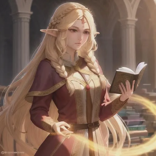 Prompt: majestic elven sorceress with long hair, braid of hair across her forehead, stunning figure, performing a spell while holding her book a magic circle blurs around her intricate detailed concept art, by Greg Rutkowski, dynamic lighting, volumetric lighting, heavenly sunshine beams soft focus holy by wlop