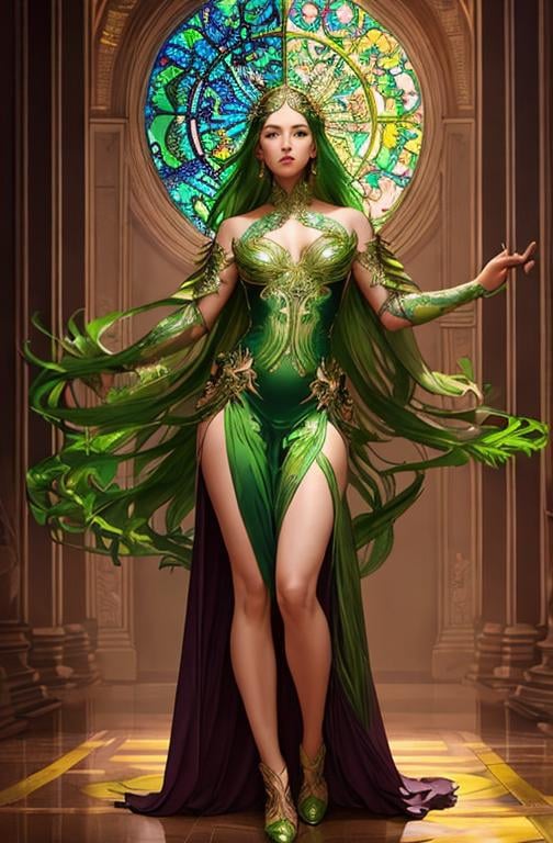 Prompt: Detailed eyes flawless eyes Gorgeous chartreuse greenest hair natural lime flair goddess, intricate, dramatic full body pose, magnificent, masterpiece, by minjae lee, by James jean, by WLOP, mucha, Waterhouse, by eve ventrue, by anna dittmann, by Alessio Albi, dynamic lighting, green, emeralds