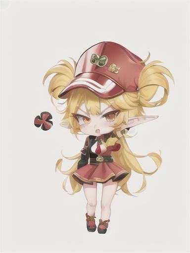 Prompt: chibi elf girl with a cute face, angry pouting, yellow hair, big red eyes, (wears a red Gavroche cap with a black visor, has a brooch on the left of the cap, 2 long white feathers come out of the brooch), the cap Gavroche has an embroidery on the front with a 4-leaf clover, waves her arms to the sides in frustration, she wears a red trench coat with a hood and a light brown or cream colored scarf, her hands are in fists, she is carrying a bag brown from which hangs a cream-colored wool doll similar to a ball, a white baggy shorts, 2 legs with brown shoes