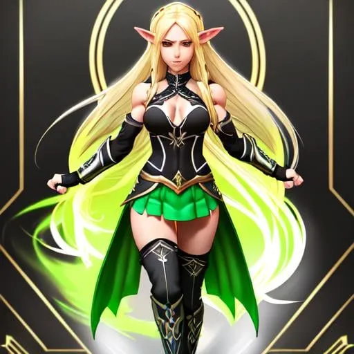 Prompt: photorealistic game character High elf woman with long blonde hair, dressed in a black tank top, black shorts under knee-length tight black pants with a half skirt over white cloth behind her legs, wears black knee-high boots and fingerless gloves, from standing in a fighting pose with legs crossed in front, with hands in fists, realistic detailed eyes, detailed mouth, detailed ears, detailed nose, perfect face, detailed eyeglasses, green jewelry set