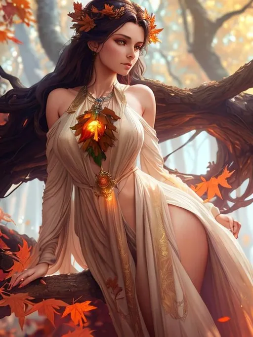 Prompt: dryads autumnal feminine great beauty and very beautiful physical features, just behind her oak surrounded by a thick autumnal forest volumetric soft lighting warm colors 8k resolution by Greg Rutkowski, Artgerm, Alphonse Mucha dynamic lighting hyperdetailed intricately detailed Splash art trending on Artstation Unreal Engine 5 volumetric lighting