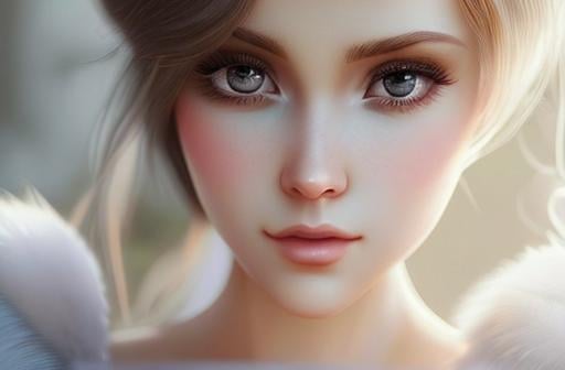 Prompt: exquisite new character, cute femenine woman, highly detailed, fluffy, intricate details, beautiful big eyes, maximum cuteness, lovely, adorable, beautiful, flawless, masterpiece, soft dramatic moody lighting, radiant love aura, ultra high quality octane render, hypermaximalist, trending on artstation, Anna Dittmann, Tom Blackwell