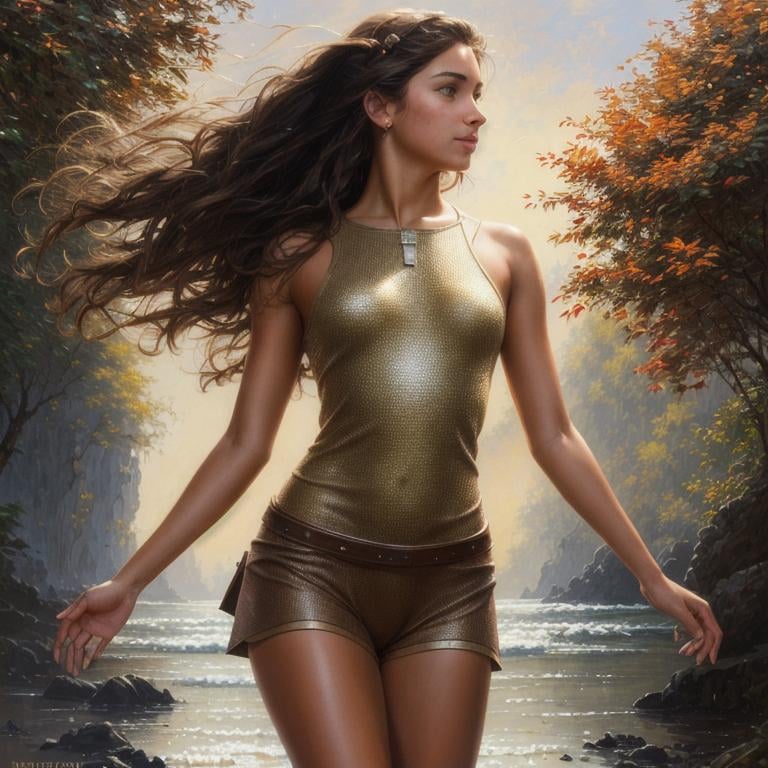 Prompt:    A young girl, with chocolate brown hair that goes all the way down to my bottom, hazel brown eyes and light dark tan skin extremely detailed, realistic. Krenz Cushart + loish +gaston bussiere +craig mullins, j. c. leyendecker +Artgerm, oil painting texture oil painting effect Krenz Cushart + loish +gaston bussiere +craig mullins, j. c. leyendecker +Artgerm, oil painting texture.