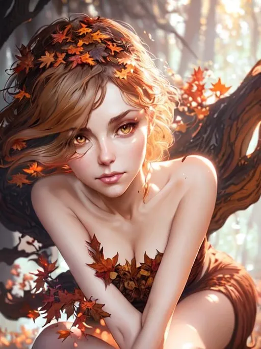 Prompt: dryads autumnal feminine great beauty and very beautiful physical features, just behind her oak surrounded by a thick autumnal forest volumetric soft lighting warm colors 8k resolution by Greg Rutkowski, Artgerm, Alphonse Mucha dynamic lighting hyperdetailed intricately detailed Splash art trending on Artstation Unreal Engine 5 volumetric lighting