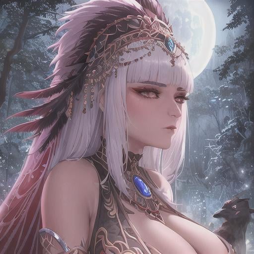 Prompt: Romantic Close-up Photo of Xenia Shelkovskaya, Looking Into the Camera, Muscular Barbarian Seer, Wearing Long Barbaric Robes Adorned with Raven Feathers, Tribal Jewelry, Elegant Slicked-Back Hair, Moonlight, Nighttime, Ancient Jungle Palace, deep cleavage, bokeh, by Artgerm and Jean Baptiste Mongue, intricate hyperdetailed fluid gouache illustration by Android Jones and Glenn Rane, professional photography, maximalist photo illustration, (high detailed skin:1.2), 8k uhd, dslr, soft moon lighting, high quality, Fujifilm XT3