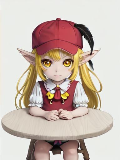 Prompt: chibi elf girl with a tender face, sitting in front of a table, yellow hair, large contrasting eyes between brown and red, wears a red Gavroche Cap with a black visor that has a brooch on the left from which 2 long white feathers come out, the Cap Gavroche, in addition to the brooch, has an embroidery in the center of the front with a 4-leaf clover, his large eyes have anime-style flashes of light, his mouth is open and wobbly watching a delicious fish dish on the table while it drains from him a little drool, she wears a red raincoat with a hood and a light brown or cream scarf, her hands are in fists holding a fork in the left and a knife in the right while she raises her arms ready to eat, she is carrying a brown bag from which A cream-colored wool doll similar to a ball hangs, on the plate on the table is a delicious Japanese baked fish. vibrant colors.