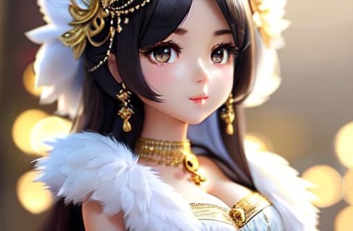 Prompt: Exquisite New Character, Cute Female Woman, Highly Detailed, Fluffy, Intricate Details, Beautiful Big Eyes, Maximum Cuteness, Lovely, Adorable, Beautiful, Flawless, Masterpiece, Soft Dramatic Moody Lighting, Radiant Love Aura, Ultra High Quality Octane, Hypema Red Full Body, Hypermaximalist, Beautiful, Flawless, Masterpiece, wears an elegant white bell cut dress with golden decorations, with a corset and a boa of white feathers