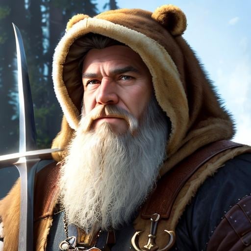Prompt: oil painting, UHD, hd , 8k, , hyper realism,   Very detailed, zoomed out view,  full character in view, dwarf male with a long blonde  beard character wearing a bear suit with a bear head hood  over his head, his face is showing,  and is wielding a sword