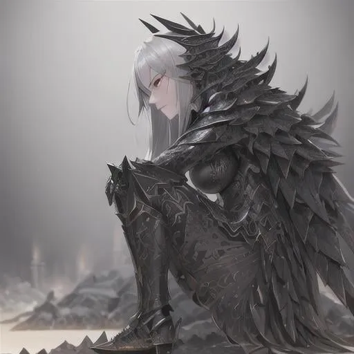 Prompt: full body armored female demon, gold and black arnor, grey hair, fantasy art, majestic, sharp armored, loneliness, depressing, hopelessness, suffering, detailed lips, mesmerizing, gorgeous, stunning, highly detailed concept art, high resolution scan, hd octane render, cinematic light, intricate detailed, highly detailed face, unreal engine, trending on artstation, UHD, 8k, Very detailed