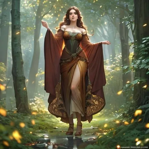 Prompt: dryads autumnal feminine great beauty and very beautiful physical features, just behind her oak surrounded by a thick autumnal forest volumetric soft lighting warm colors 8k resolution by Greg Rutkowski, Artgerm, Alphonse Mucha dynamic lighting hyperdetailed intricately detailed Splash art trending on Artstation Unreal Engine 5 volumetric lighting