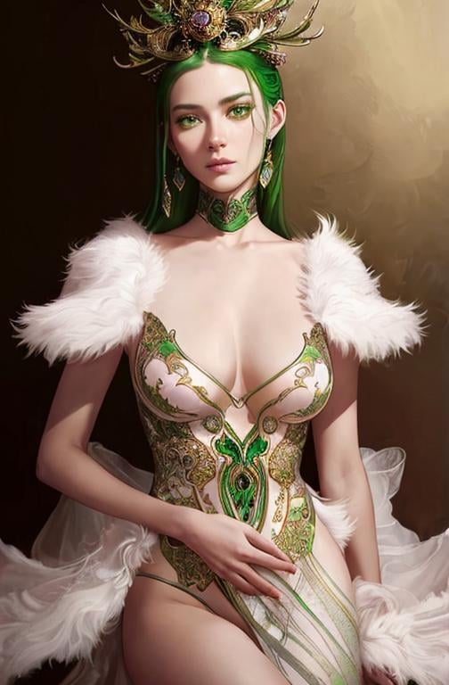 Prompt: Detailed eyes flawless eyes Gorgeous chartreuse greenest hair natural lime flair goddess, intricate, dramatic full body pose, magnificent, masterpiece, by minjae lee, by James jean, by WLOP, mucha, Waterhouse, by eve ventrue, by anna dittmann, by Alessio Albi, dynamic lighting, green, emeralds