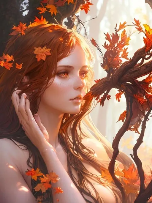 Prompt: dryads autumnal feminine great beauty and very beautiful physical features, just behind her oak surrounded by a thick autumnal forest volumetric soft lighting warm colors 8k resolution by Greg Rutkowski, Artgerm, Alphonse Mucha dynamic lighting hyperdetailed intricately detailed Splash art trending on Artstation Unreal Engine 5 volumetric lighting