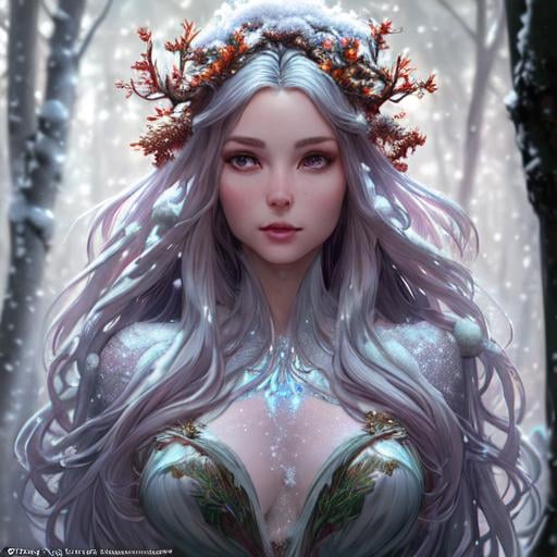 Prompt: dryads winter feminine great beauty and very beautiful physical features, just behind her a winter forest in full transition to spring, flowers growing snow melting volumetric soft lighting cold colors 8k resolution by Greg Rutkowski, Artgerm, Alphonse Mucha dynamic lighting hyperdetailed intricately detailed Splash art trending on Artstation Unreal Engine 5 volumetric lighting