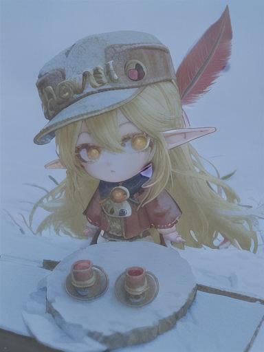 Prompt: chibi elf girl with a tender face, sitting in front of a table, yellow hair, large contrasting eyes between brown and red, wears a red Gavroche Cap with a black visor that has a brooch on the left from which 2 long white feathers come out, the Cap Gavroche, in addition to the brooch, has an embroidery in the center of the front with a 4-leaf clover, his large eyes have anime-style flashes of light, his mouth is open and wobbly watching a delicious fish dish on the table while it drains from him a little drool, she wears a red raincoat with a hood and a light brown or cream scarf, her hands are in fists holding a fork in the left and a knife in the right while she raises her arms ready to eat, she is carrying a brown bag from which A cream-colored wool doll similar to a ball hangs, on the plate on the table is a delicious Japanese baked fish.