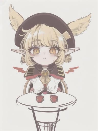 Prompt: chibi elf girl with a tender face, sitting in front of a table, yellow hair, large contrasting eyes between brown and red, wears a red Gavroche Cap with a black visor that has a brooch on the left from which 2 long white feathers come out, the Cap Gavroche, in addition to the brooch, has an embroidery in the center of the front with a 4-leaf clover, his large eyes have anime-style flashes of light, his mouth is open and wobbly watching a delicious fish dish on the table while it drains from him a little drool, she wears a red raincoat with a hood and a light brown or cream scarf, her hands are in fists holding a fork in the left and a knife in the right while she raises her arms ready to eat, she is carrying a brown bag from which A cream-colored wool doll similar to a ball hangs, on the plate on the table is a delicious Japanese baked fish. vibrant colors.