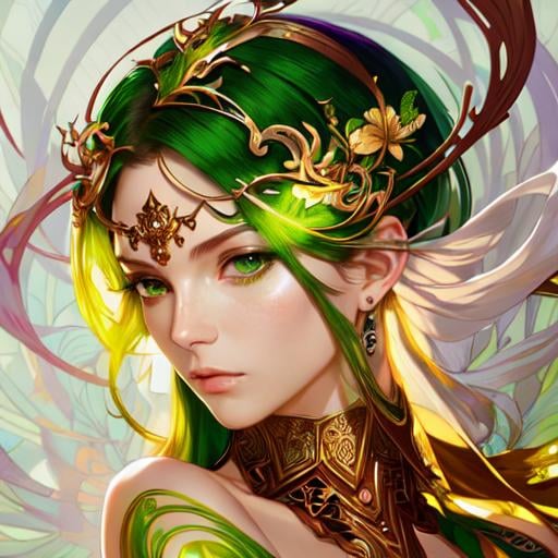 Prompt: Detailed eyes flawless eyes Gorgeous chartreuse greenest hair natural lime flair goddess, intricate, dramatic full body pose, magnificent, masterpiece, by minjae lee, by James jean, by WLOP, mucha, Waterhouse, by eve ventrue, by anna dittmann, by Alessio Albi, dynamic lighting, green, emeralds