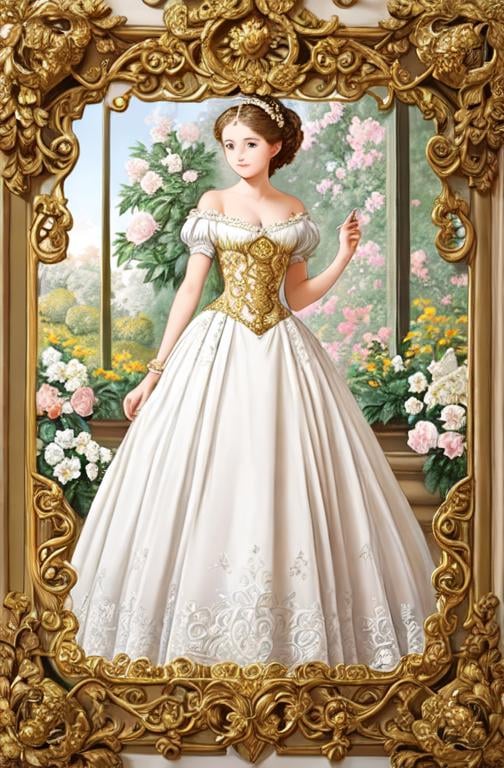 Prompt: The artwork is also infused with elements of various art movements, such as Rococo, Baroque, and Art Nouveau. The girl's gown features intricate patterns and ornate embellishments that are reminiscent of Rococo and Baroque styles, while the flowers and garden elements incorporate the flowing lines and organic shapes of Art Nouveau. 