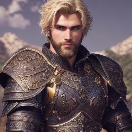 Prompt: male fantasy warrior, very handsome, medium musculature, dirty blonde, short wavy hair and short trimmed beard, full leather armor, very detailed eyes, UHD, 64K, sharp focus, studio photo, intricate details, highly detailed