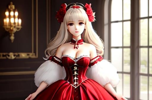 Prompt: Exquisite New Character, Cute Female Woman, Highly Detailed, Fluffy, Intricate Details, Beautiful Big Eyes, Maximum Cuteness, Lovely, Adorable, Beautiful, Flawless, Masterpiece, Soft Dramatic Moody Lighting, Radiant Love Aura, Ultra High Quality Octane, Hypema Red Full Body, Hypermaximalist, Beautiful, Flawless, Masterpiece, wears an elegant bell cut dress with a corset