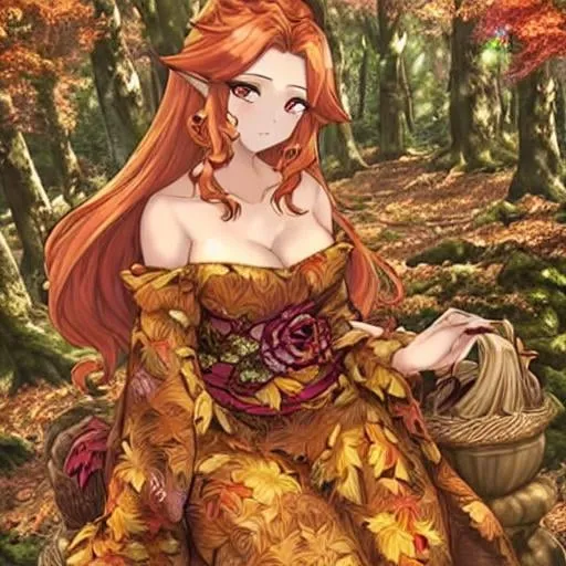 Prompt: dryads autumnal feminine great beauty and very beautiful physical features, just behind her oak surrounded by a thick autumnal forest volume...