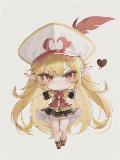 Prompt: chibi elf girl with a cute face, angry pouting, yellow hair, big red eyes, (wears a red Gavroche cap with a black visor, has a brooch on the left of the cap, 2 long white feathers come out of the brooch), the cap Gavroche has an embroidery on the front with a 4-leaf clover, waves her arms to the sides in frustration, she wears a red trench coat with a hood and a light brown or cream colored scarf, her hands are in fists, she is carrying a bag brown from which hangs a cream-colored wool doll similar to a ball, a white baggy shorts, 2 legs with brown shoes