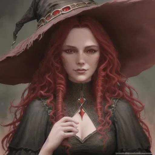 Prompt: Portrait of a witch with red, curly hair and with cute face, perfect composition, hyperrealistic, super detailed, 8k, high quality, trending art, trending on artstation, sharp focus, studio photo, intricate details, highly detailed, by greg rutkowski