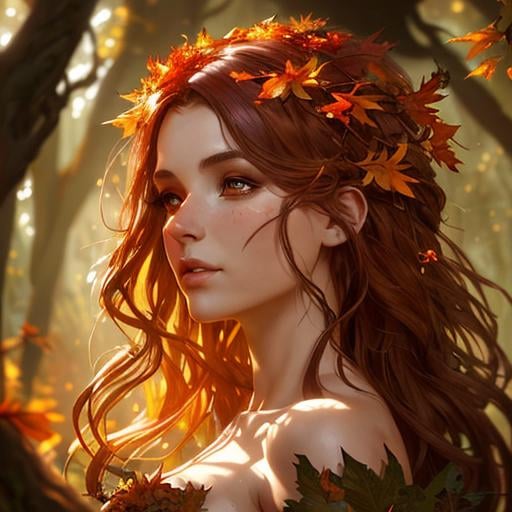 Prompt: dryads autumnal feminine great beauty and very beautiful physical features, just behind her oak surrounded by a thick autumnal forest volumetric soft lighting warm colors 8k resolution by Greg Rutkowski, Artgerm, Alphonse Mucha dynamic lighting hyperdetailed intricately detailed Splash art trending on Artstation Unreal Engine 5 volumetric lighting