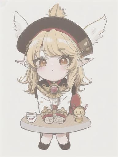 Prompt: chibi elf girl with a tender face, sitting in front of a table, yellow hair, large contrasting eyes between brown and red, wears a red Gavroche Cap with a black visor that has a brooch on the left from which 2 long white feathers come out, the Cap Gavroche, in addition to the brooch, has an embroidery in the center of the front with a 4-leaf clover, his large eyes have anime-style flashes of light, his mouth is open and wobbly watching a delicious fish dish on the table while it drains from him a little drool, she wears a red raincoat with a hood and a light brown or cream scarf, her hands are in fists holding a fork in the left and a knife in the right while she raises her arms ready to eat, she is carrying a brown bag from which A cream-colored wool doll similar to a ball hangs, on the plate on the table is a delicious Japanese baked fish. vibrant colors.