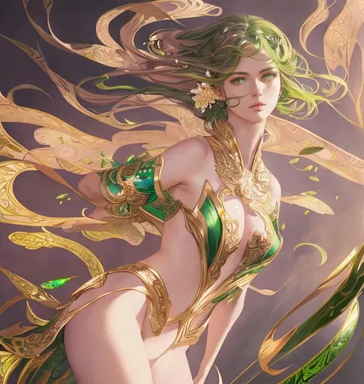 Prompt: Detailed eyes flawless eyes Gorgeous chartreuse greenest hair natural lime flair goddess, intricate, dramatic full body pose, magnificent, masterpiece, by minjae lee, by James jean, by WLOP, mucha, Waterhouse, by eve ventrue, by anna dittmann, by Alessio Albi, dynamic lighting, green, emeralds