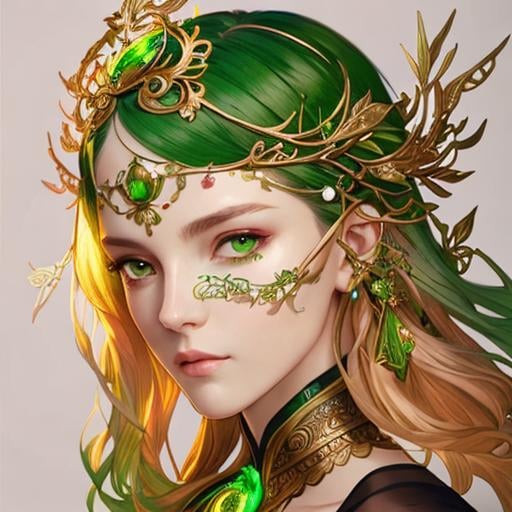 Prompt: Detailed eyes flawless eyes Gorgeous chartreuse greenest hair natural lime flair goddess, intricate, dramatic full body pose, magnificent, masterpiece, by minjae lee, by James jean, by WLOP, mucha, Waterhouse, by eve ventrue, by anna dittmann, by Alessio Albi, dynamic lighting, green, emeralds