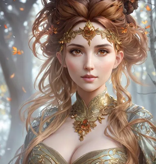 Prompt: dryads autumnal feminine great beauty and very beautiful physical features, just behind her oak surrounded by a thick autumnal forest volumetric soft lighting warm colors 8k resolution by Greg Rutkowski, Artgerm, Alphonse Mucha dynamic lighting hyperdetailed intricately detailed Splash art trending on Artstation Unreal Engine 5 volumetric lighting