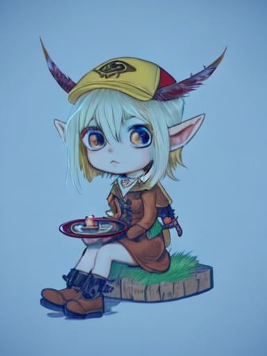 Prompt: chibi elf girl with a tender face, sitting in front of a table, yellow hair, large contrasting eyes between brown and red, wears a red Gavroche Cap with a black visor that has a brooch on the left from which 2 long white feathers come out, the Cap Gavroche, in addition to the brooch, has an embroidery in the center of the front with a 4-leaf clover, his large eyes have anime-style flashes of light, his mouth is open and wobbly watching a delicious fish dish on the table while it drains from him a little drool, she wears a red raincoat with a hood and a light brown or cream scarf, her hands are in fists holding a fork in the left and a knife in the right while she raises her arms ready to eat, she is carrying a brown bag from which A cream-colored wool doll similar to a ball hangs, on the plate on the table is a delicious Japanese baked fish.