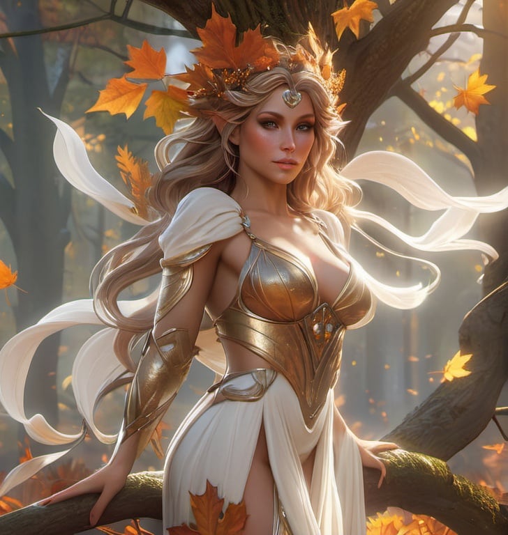 Prompt: dryads autumnal feminine great beauty and very beautiful physical features, just behind her oak surrounded by a thick autumnal forest volumetric soft lighting warm colors 8k resolution by Greg Rutkowski, Artgerm, Alphonse Mucha dynamic lighting hyperdetailed intricately detailed Splash art trending on Artstation Unreal Engine 5 volumetric lighting