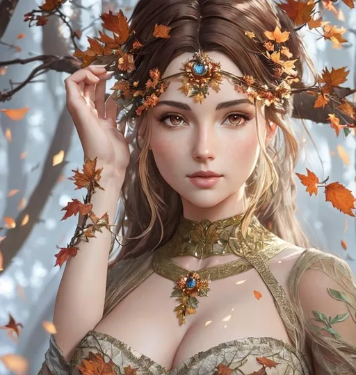 Prompt: dryads autumnal feminine great beauty and very beautiful physical features, just behind her oak surrounded by a thick autumnal forest volumetric soft lighting warm colors 8k resolution by Greg Rutkowski, Artgerm, Alphonse Mucha dynamic lighting hyperdetailed intricately detailed Splash art trending on Artstation Unreal Engine 5 volumetric lighting