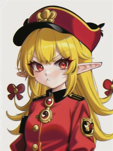 Prompt: chibi elf girl with a cute face, angry pouting, yellow hair, big red eyes, (wears a red Gavroche cap with a black visor, has a brooch on the left of the cap, 2 long white feathers come out of the brooch), the cap Gavroche has an embroidery on the front with a 4-leaf clover, waves her arms to the sides in frustration, she wears a red trench coat with a hood and a light brown or cream colored scarf, her hands are in fists, she is carrying a bag brown from which hangs a cream-colored wool doll similar to a ball, a white baggy shorts, 2 legs with brown shoes