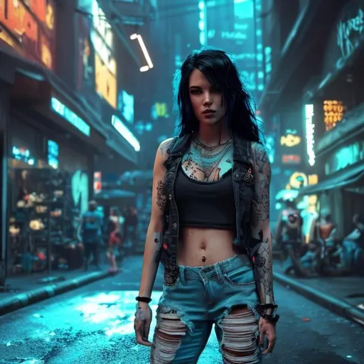 Prompt: megan rain with turquoise hair wearing ripped jeans and a black tank top, epic full body portrait, cyberpunk, ultra realistic, extremely detailed, ultra-realistic, soft shadows, 8K, octane render, unreal engine 5, cinematic, sharp focus, artstation, cgsociey, photo-realistic, cinematic lighting, no digital painting, dramatic lighting, volumetric lighting, high reflection, hdr