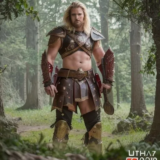 Prompt: male fantasy warrior, very handsome, medium musculature, dirty blonde, short wavy hair and short trimmed beard, full leather armor, very detailed eyes, UHD, 64K, sharp focus, studio photo, intricate details, highly detailed