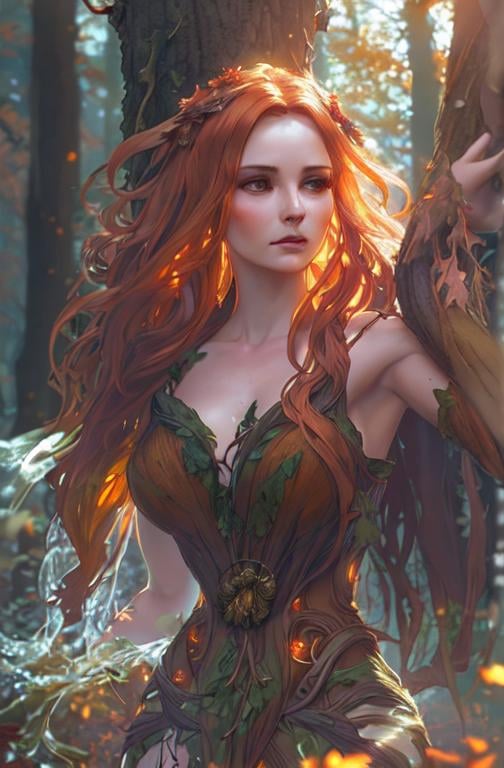 Prompt: dryads autumnal feminine great beauty and very beautiful physical features, just behind her oak surrounded by a thick autumnal forest volumetric soft lighting warm colors 8k resolution by Greg Rutkowski, Artgerm, Alphonse Mucha dynamic lighting hyperdetailed intricately detailed Splash art trending on Artstation Unreal Engine 5 volumetric lighting