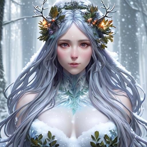 Prompt: Full-body detailed masterpiece dryads winter very beautiful physical features, just behind her a winter forest in full transition to spring, flowers growing snow melting detailed face detailed body volumetric soft lighting cold colors 8k resolution by Greg Rutkowski Artgerm Alphonse Mucha dynamic lighting hyperdetailed intricately detailed Splash art trending on Artstation Unreal Engine 5 volumetric