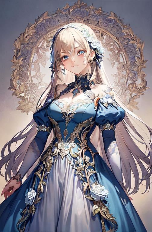 Prompt: The artwork is also infused with elements of various art movements, such as Rococo, Baroque, and Art Nouveau. The girl's gown features intricate patterns and ornate embellishments that are reminiscent of Rococo and Baroque styles, while the flowers and garden elements incorporate the flowing lines and organic shapes of Art Nouveau. 