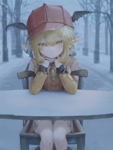 Prompt: chibi elf girl with a tender face, sitting in front of a table, yellow hair, large contrasting eyes between brown and red, wears a red Gavroche Cap with a black visor that has a brooch on the left from which 2 long white feathers come out, the Cap Gavroche, in addition to the brooch, has an embroidery in the center of the front with a 4-leaf clover, his large eyes have anime-style flashes of light, his mouth is open and wobbly watching a delicious fish dish on the table while it drains from him a little drool, she wears a red raincoat with a hood and a light brown or cream scarf, her hands are in fists holding a fork in the left and a knife in the right while she raises her arms ready to eat, she is carrying a brown bag from which A cream-colored wool doll similar to a ball hangs, on the plate on the table is a delicious Japanese baked fish.