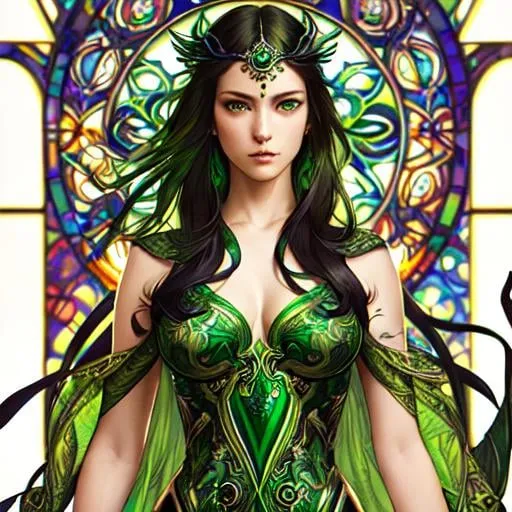 Prompt: Detailed eyes flawless eyes Gorgeous chartreuse greenest hair natural lime flair goddess, intricate, dramatic full body pose, magnificent, masterpiece, by minjae lee, by James jean, by WLOP, mucha, Waterhouse, by eve ventrue, by anna dittmann, by Alessio Albi, dynamic lighting, green, emeralds