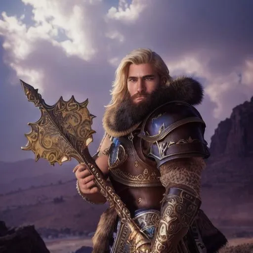 Prompt: male fantasy warrior, very handsome, medium musculature, dirty blonde, short wavy hair and short trimmed beard, full leather armor, very detailed eyes, UHD, 64K, sharp focus, studio photo, intricate details, highly detailed