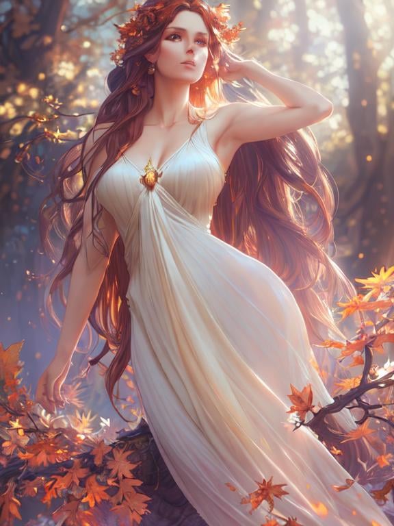 Prompt: dryads autumnal feminine great beauty and very beautiful physical features, just behind her oak surrounded by a thick autumnal forest volumetric soft lighting warm colors 8k resolution by Greg Rutkowski, Artgerm, Alphonse Mucha dynamic lighting hyperdetailed intricately detailed Splash art trending on Artstation Unreal Engine 5 volumetric lighting