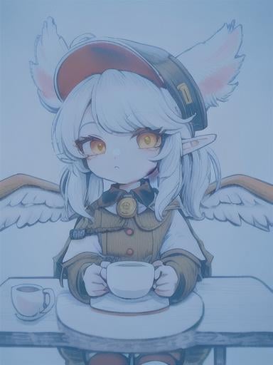 Prompt: chibi elf girl with a tender face, sitting in front of a table, yellow hair, large contrasting eyes between brown and red, wears a red Gavroche Cap with a black visor that has a brooch on the left from which 2 long white feathers come out, the Cap Gavroche, in addition to the brooch, has an embroidery in the center of the front with a 4-leaf clover, his large eyes have anime-style flashes of light, his mouth is open and wobbly watching a delicious fish dish on the table while it drains from him a little drool, she wears a red raincoat with a hood and a light brown or cream scarf, her hands are in fists holding a fork in the left and a knife in the right while she raises her arms ready to eat, she is carrying a brown bag from which A cream-colored wool doll similar to a ball hangs, on the plate on the table is a delicious Japanese baked fish. vibrant colors.