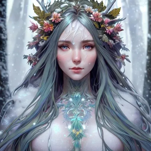 Prompt: Full-body detailed masterpiece dryads winter very beautiful physical features, just behind her a winter forest in full transition to spring, flowers growing snow melting detailed face detailed body volumetric soft lighting cold colors 8k resolution by Greg Rutkowski Artgerm Alphonse Mucha dynamic lighting hyperdetailed intricately detailed Splash art trending on Artstation Unreal Engine 5 volumetric