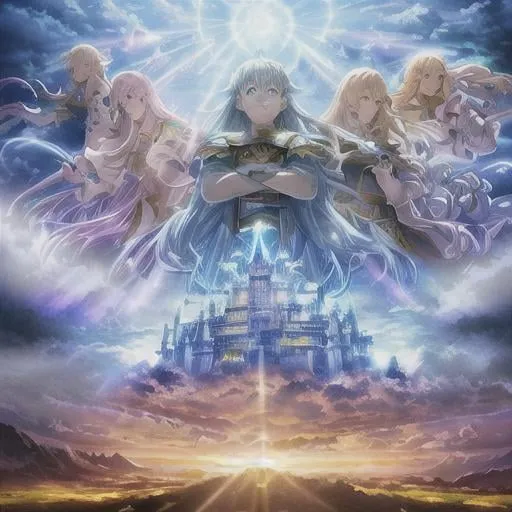 Prompt: warriors rpg game and floating castle heavenly sunshine beams divine bright soft focus holy in the clouds ethereal fantasy hyperdetailed mist Thomas Kinkade Studio Ghibli Anime Key Visual by Makoto Shinkai Deep Color Intricate Natural Lighting Beautiful Composition Epic brilliant stunning meticulously detailed dramatic atmospheric maximalist by artist Tamako Nakamura Anime Key Visual Japanese Manga Pixiv Zerochan Anime art Fantia