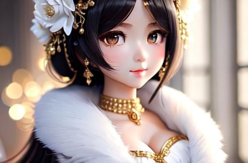 Prompt: Exquisite New Character, Cute Female Woman, Highly Detailed, Fluffy, Intricate Details, Beautiful Big Eyes, Maximum Cuteness, Lovely, Adorable, Beautiful, Flawless, Masterpiece, Soft Dramatic Moody Lighting, Radiant Love Aura, Ultra High Quality Octane, Hypema Red Full Body, Hypermaximalist, Beautiful, Flawless, Masterpiece, wears an elegant white bell cut dress with golden decorations, with a corset and a boa of white feathers