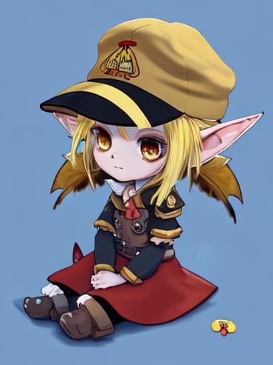 Prompt: chibi elf girl with a tender face, sitting in front of a table, yellow hair, large contrasting eyes between brown and red, wears a red Gavroche Cap with a black visor that has a brooch on the left from which 2 long white feathers come out, the Cap Gavroche, in addition to the brooch, has an embroidery in the center of the front with a 4-leaf clover, his large eyes have anime-style flashes of light, his mouth is open and wobbly watching a delicious fish dish on the table while it drains from him a little drool, she wears a red raincoat with a hood and a light brown or cream scarf, her hands are in fists holding a fork in the left and a knife in the right while she raises her arms ready to eat, she is carrying a brown bag from which A cream-colored wool doll similar to a ball hangs, on the plate on the table is a delicious Japanese baked fish.