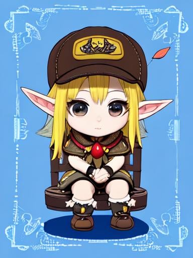 Prompt: chibi elf girl with a tender face, sitting in front of a table, yellow hair, large contrasting eyes between brown and red, wears a red Gavroche Cap with a black visor that has a brooch on the left from which 2 long white feathers come out, the Cap Gavroche, in addition to the brooch, has an embroidery in the center of the front with a 4-leaf clover, his large eyes have anime-style flashes of light, his mouth is open and wobbly watching a delicious fish dish on the table while it drains from him a little drool, she wears a red raincoat with a hood and a light brown or cream scarf, her hands are in fists holding a fork in the left and a knife in the right while she raises her arms ready to eat, she is carrying a brown bag from which A cream-colored wool doll similar to a ball hangs, on the plate on the table is a delicious Japanese baked fish.